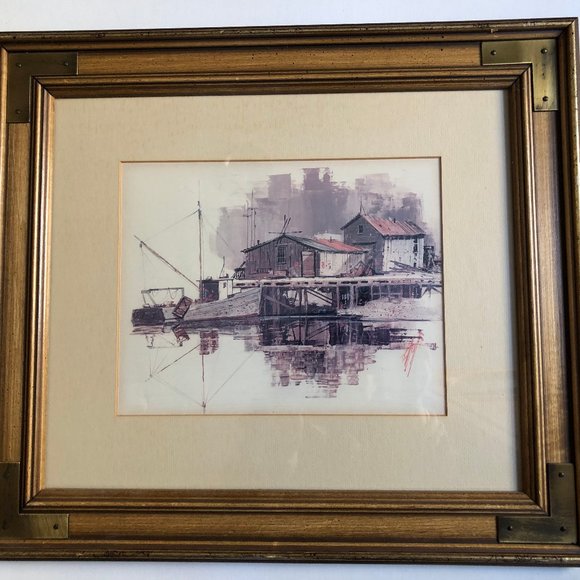 Old village water front scene framed print wall art home decor - Picture 1 of 6